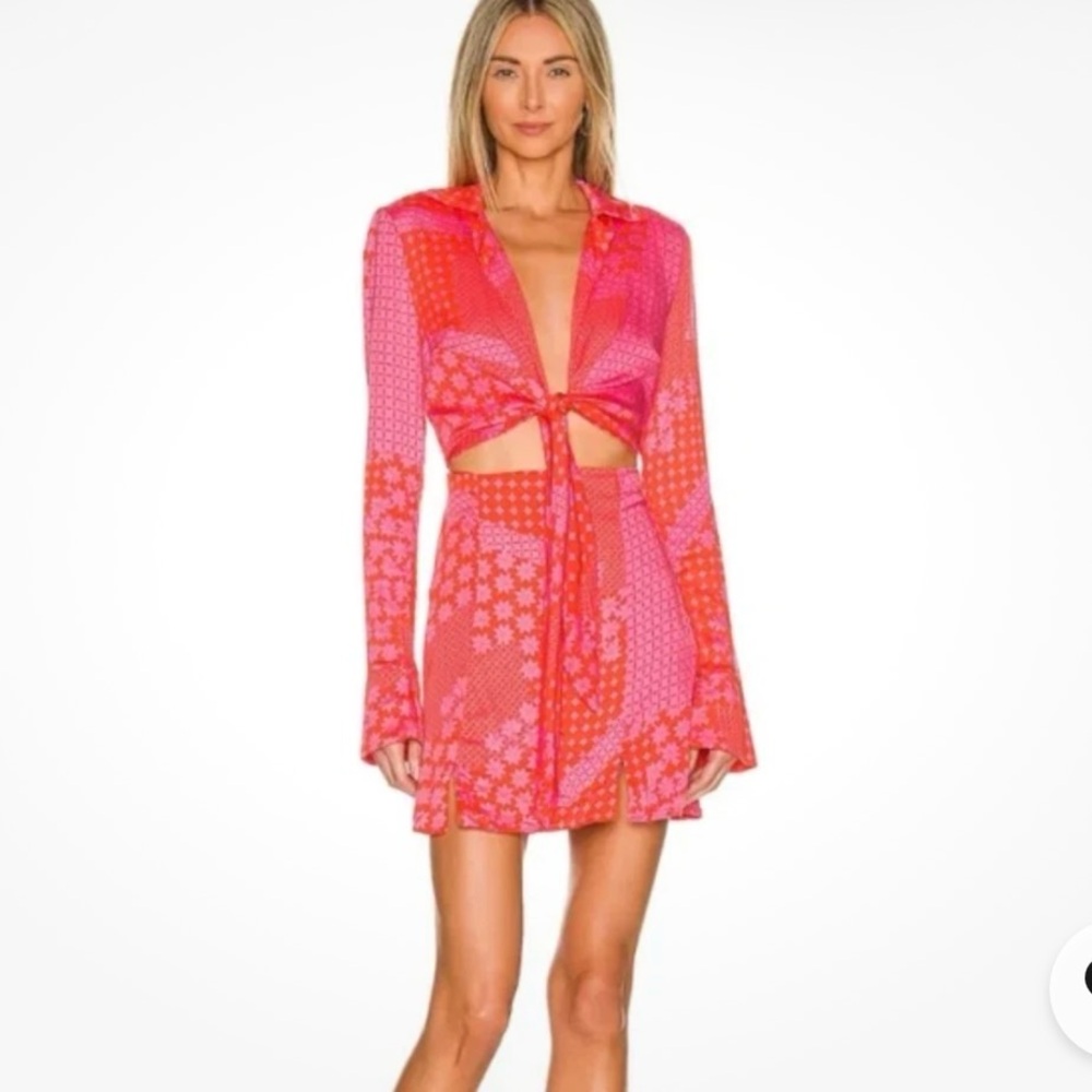 Free People Miki Pink & Red Tie Top Mini Dress Medium
